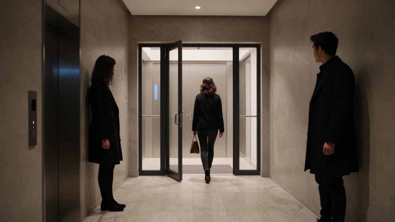 A person exiting a Paris apartment lobby at night, with a discreet figure waiting nearby.
