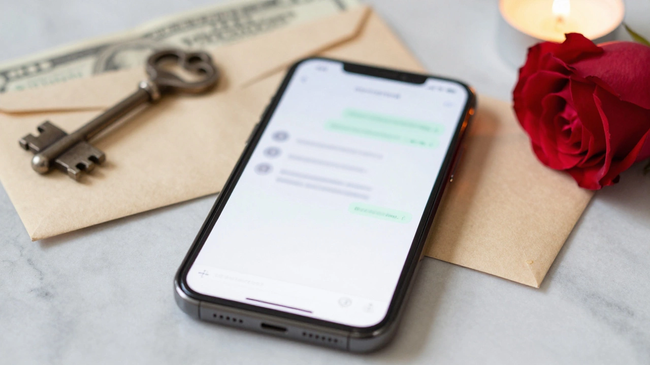 A smartphone with encrypted messages, a cash envelope, and a rose on marble, symbolizing privacy and professionalism.