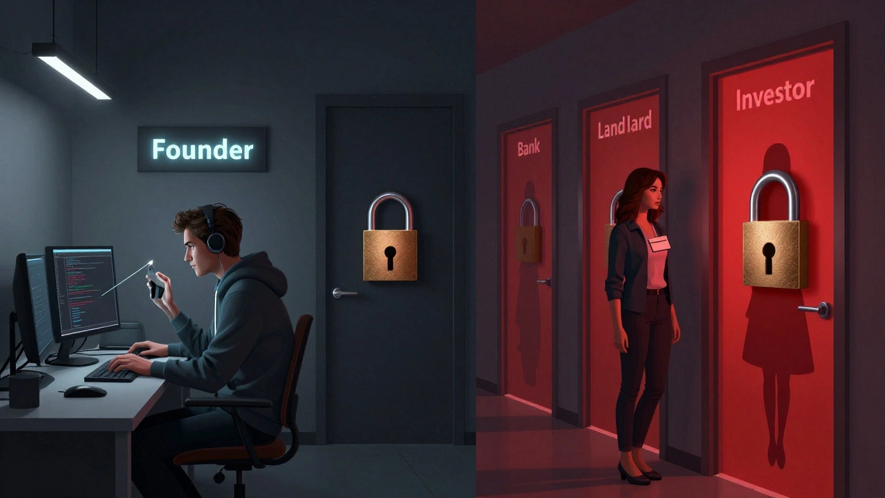 Split hallway symbolizing unequal treatment of entrepreneurs based on their work, one side accepted, the other blocked.