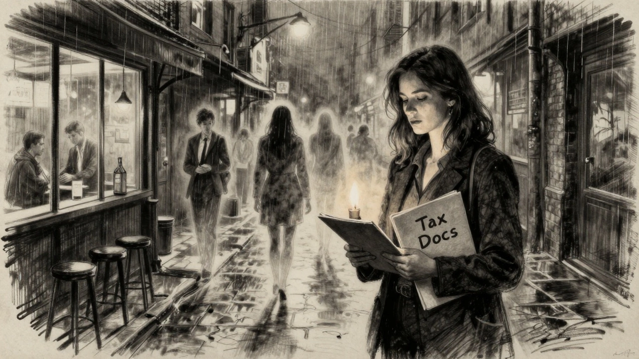 Woman in alley holding candle and tax documents, surrounded by fading figures representing societal rejection.